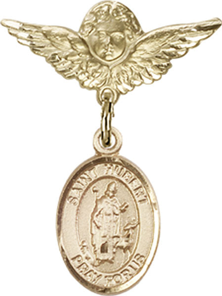 14kt Gold Baby Badge with St. Hubert of Liege Charm and Angel w/Wings Badge Pin