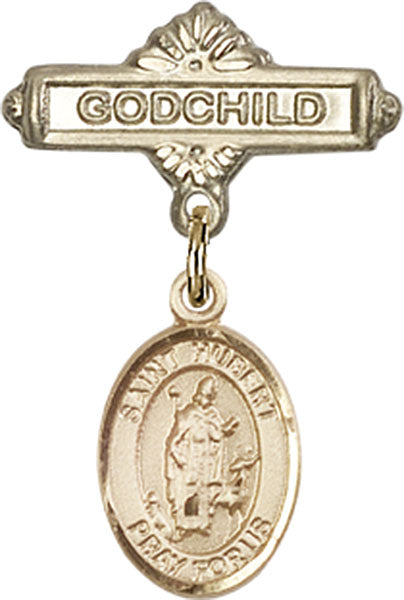 14kt Gold Baby Badge with St. Hubert of Liege Charm and Godchild Badge Pin
