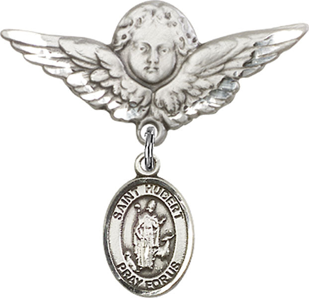 Sterling Silver Baby Badge with St. Hubert of Liege Charm and Angel w/Wings Badge Pin