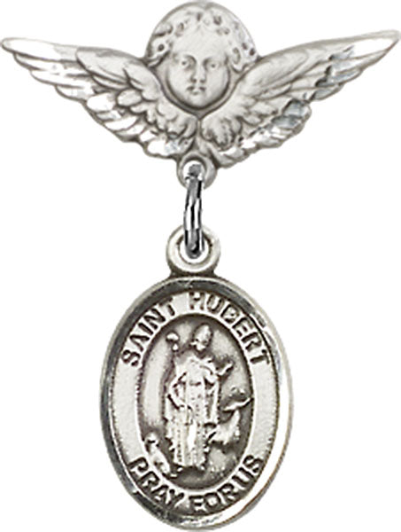 Sterling Silver Baby Badge with St. Hubert of Liege Charm and Angel w/Wings Badge Pin