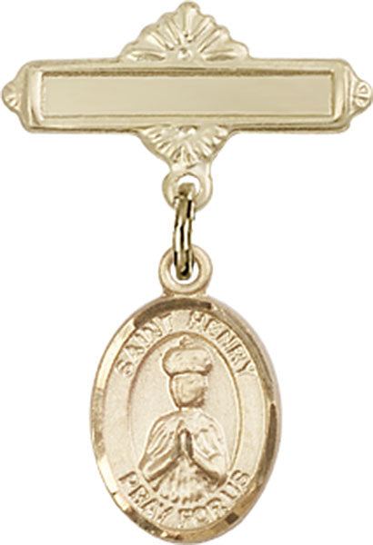 14kt Gold Baby Badge with St. Henry II Charm and Polished Badge Pin