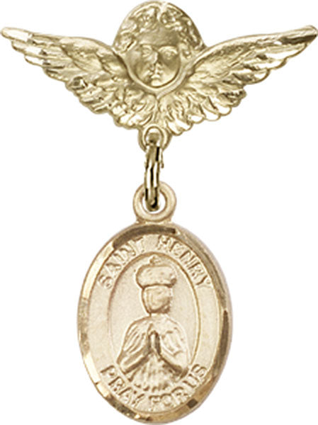 14kt Gold Baby Badge with St. Henry II Charm and Angel w/Wings Badge Pin