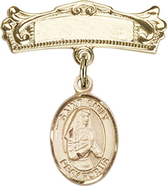 14kt Gold Filled Baby Badge with St. Emily de Vialar Charm and Arched Polished Badge Pin