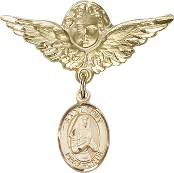 14kt Gold Baby Badge with St. Emily de Vialar Charm and Angel w/Wings Badge Pin