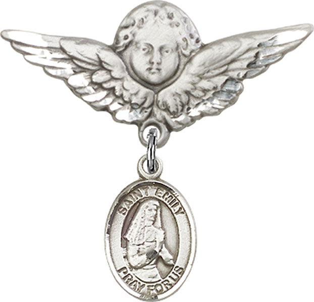 Sterling Silver Baby Badge with St. Emily de Vialar Charm and Angel w/Wings Badge Pin