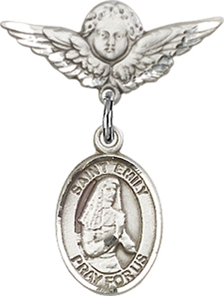 Sterling Silver Baby Badge with St. Emily de Vialar Charm and Angel w/Wings Badge Pin