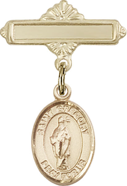 14kt Gold Filled Baby Badge with St. Gregory the Great Charm and Polished Badge Pin