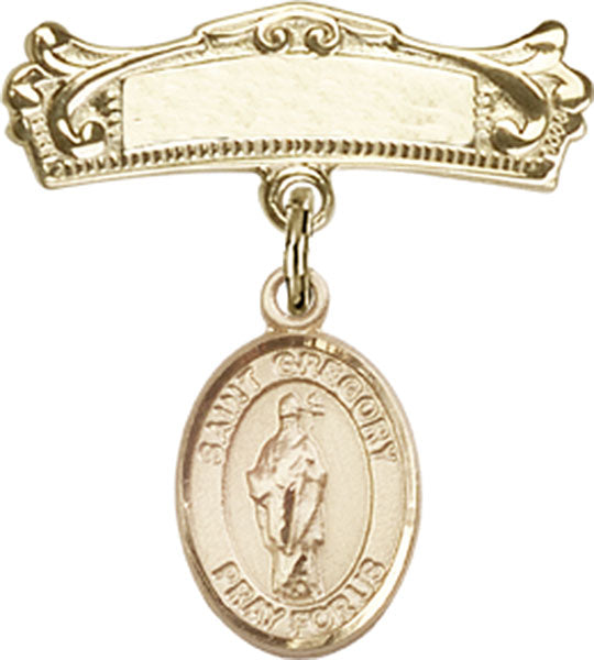 14kt Gold Filled Baby Badge with St. Gregory the Great Charm and Arched Polished Badge Pin