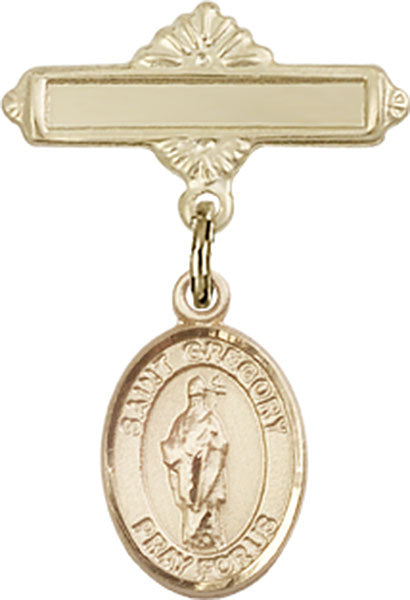 14kt Gold Baby Badge with St. Gregory the Great Charm and Polished Badge Pin
