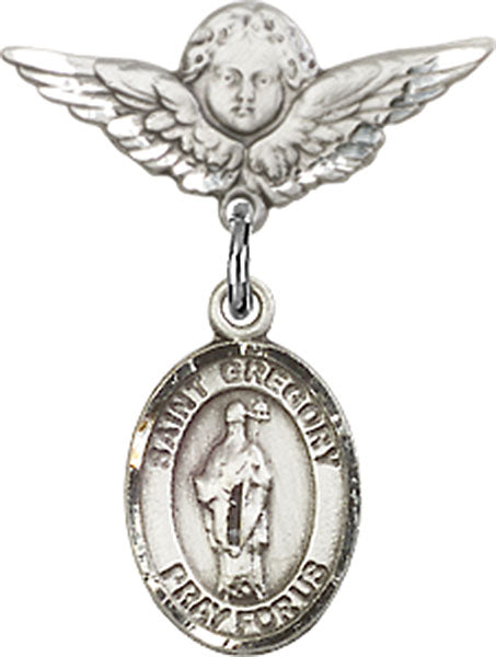 Sterling Silver Baby Badge with St. Gregory the Great Charm and Angel w/Wings Badge Pin
