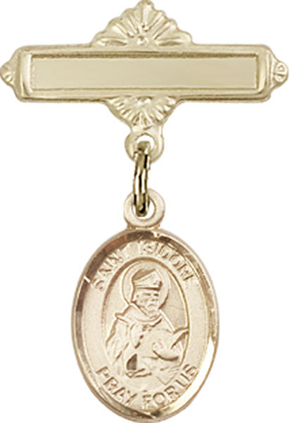 14kt Gold Filled Baby Badge with St. Isidore of Seville Charm and Polished Badge Pin