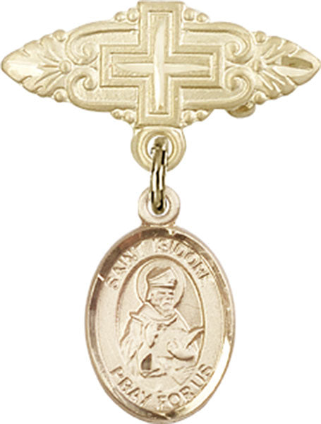 14kt Gold Filled Baby Badge with St. Isidore of Seville Charm and Badge Pin with Cross