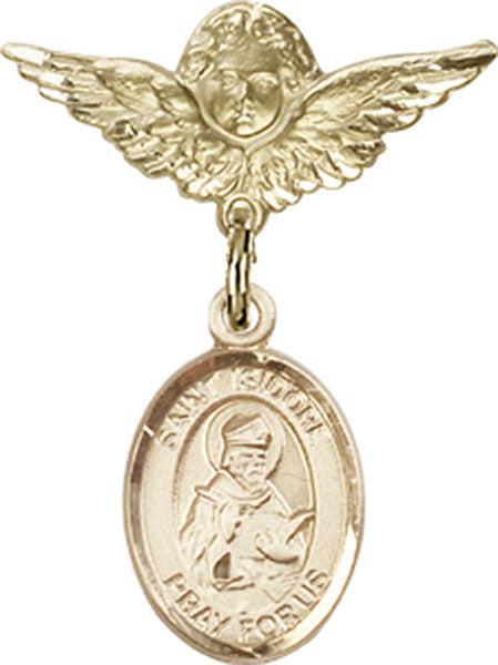 14kt Gold Filled Baby Badge with St. Isidore of Seville Charm and Angel w/Wings Badge Pin