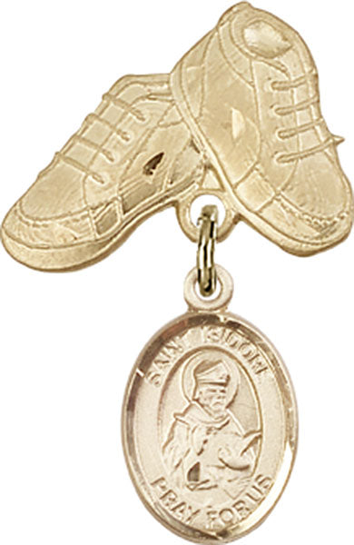 14kt Gold Baby Badge with St. Isidore of Seville Charm and Baby Boots Pin
