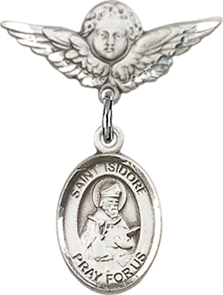 Sterling Silver Baby Badge with St. Isidore of Seville Charm and Angel w/Wings Badge Pin