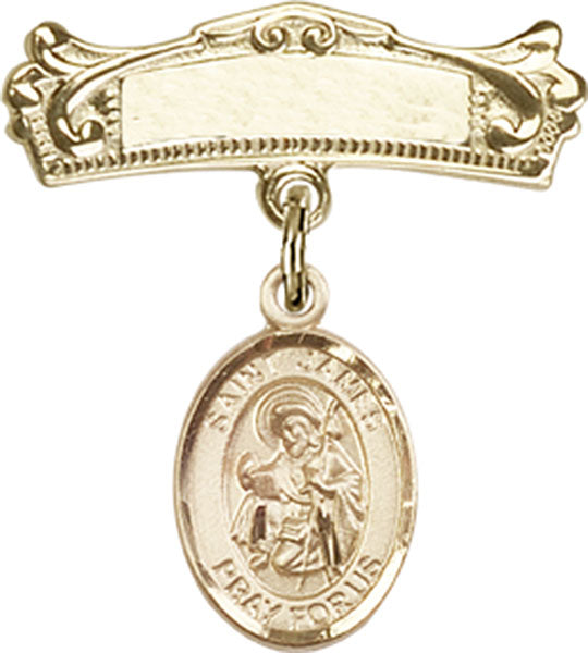 14kt Gold Baby Badge with St. James the Greater Charm and Arched Polished Badge Pin