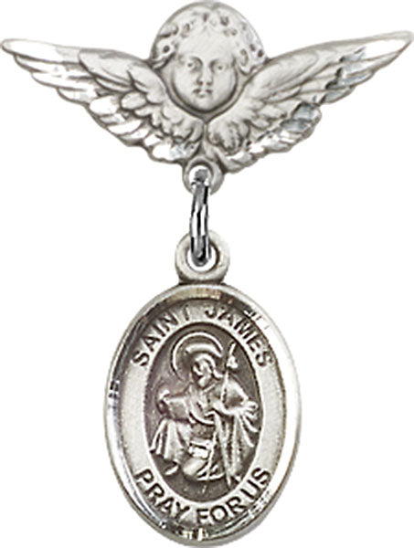 Sterling Silver Baby Badge with St. James the Greater Charm and Angel w/Wings Badge Pin