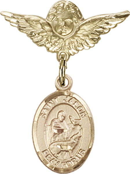 14kt Gold Filled Baby Badge with St. Jason Charm and Angel w/Wings Badge Pin