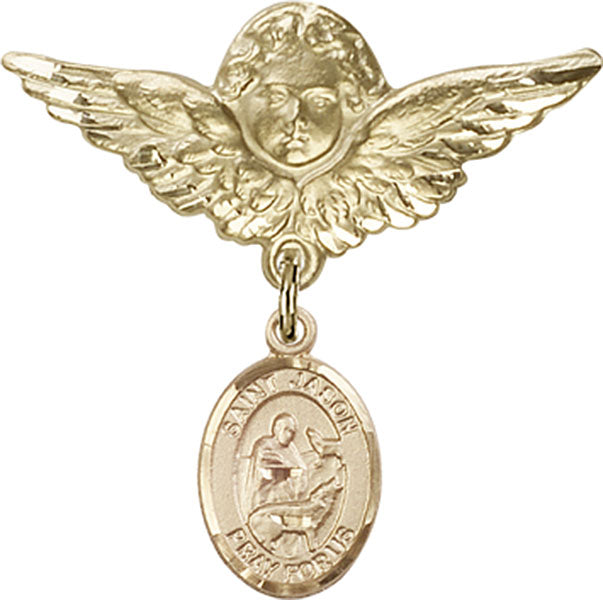 14kt Gold Baby Badge with St. Jason Charm and Angel w/Wings Badge Pin