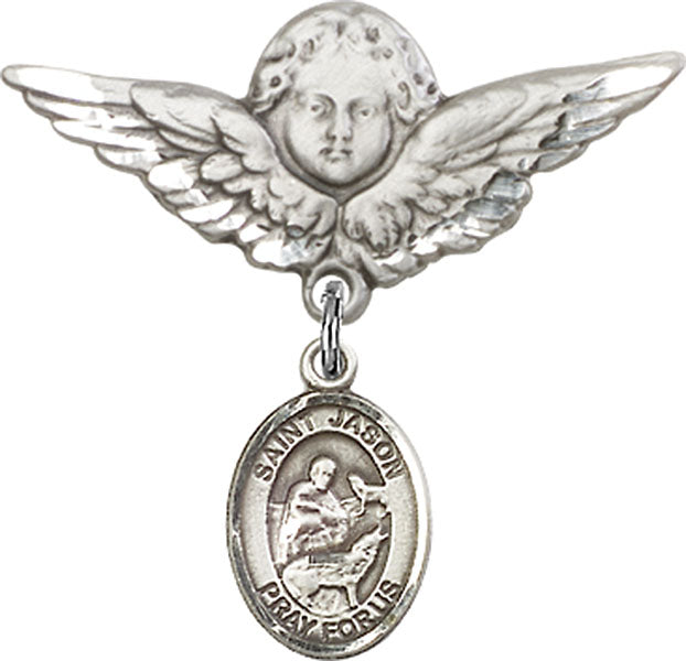 Sterling Silver Baby Badge with St. Jason Charm and Angel w/Wings Badge Pin