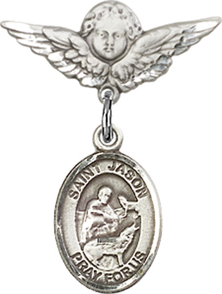 Sterling Silver Baby Badge with St. Jason Charm and Angel w/Wings Badge Pin