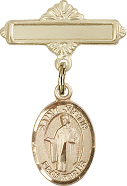 14kt Gold Filled Baby Badge with St. Justin Charm and Polished Badge Pin