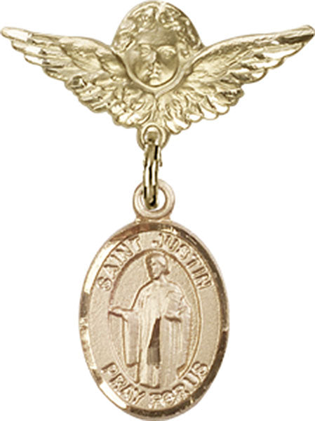 14kt Gold Filled Baby Badge with St. Justin Charm and Angel w/Wings Badge Pin