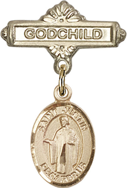 14kt Gold Filled Baby Badge with St. Justin Charm and Godchild Badge Pin