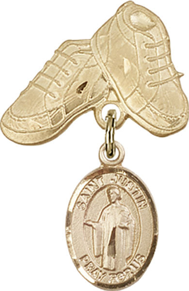 14kt Gold Filled Baby Badge with St. Justin Charm and Baby Boots Pin