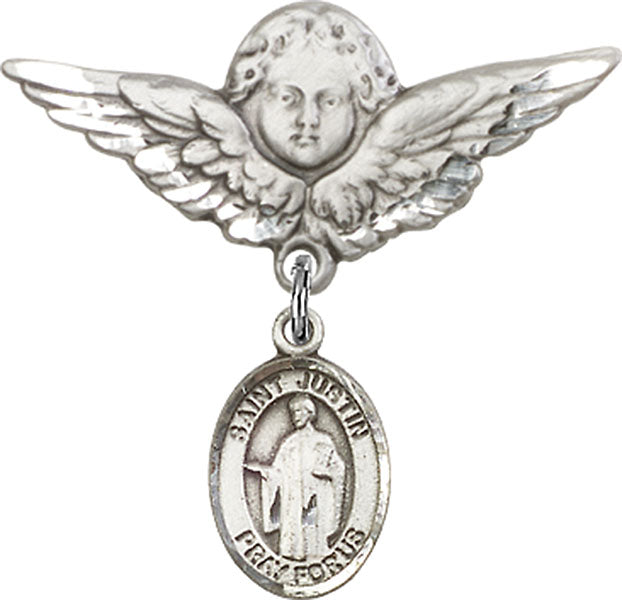 Sterling Silver Baby Badge with St. Justin Charm and Angel w/Wings Badge Pin