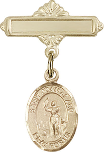 14kt Gold Filled Baby Badge with St. Joan of Arc Charm and Polished Badge Pin