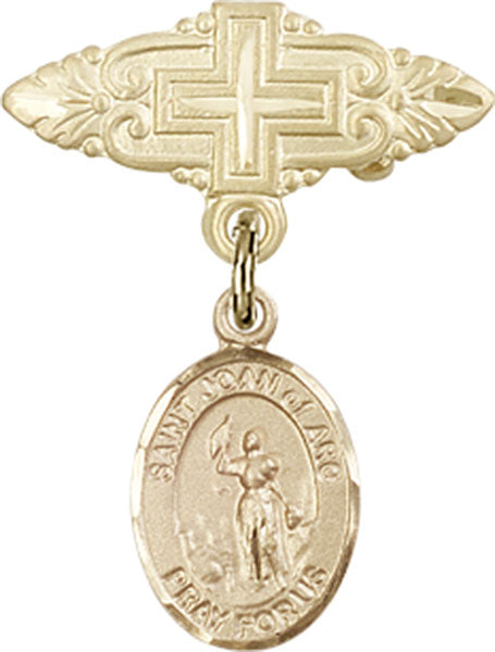 14kt Gold Filled Baby Badge with St. Joan of Arc Charm and Badge Pin with Cross