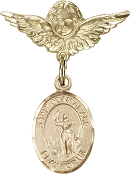 14kt Gold Filled Baby Badge with St. Joan of Arc Charm and Angel w/Wings Badge Pin