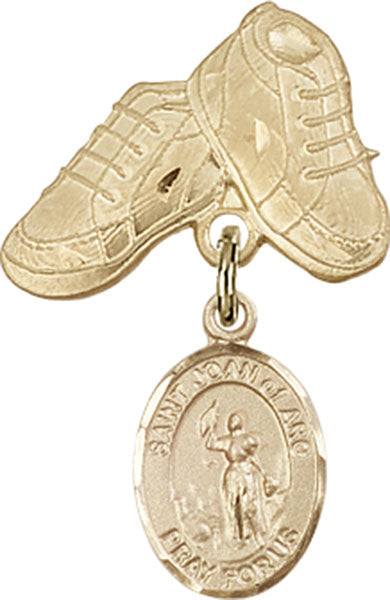 14kt Gold Filled Baby Badge with St. Joan of Arc Charm and Baby Boots Pin
