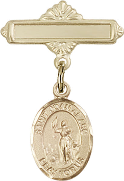 14kt Gold Baby Badge with St. Joan of Arc Charm and Polished Badge Pin
