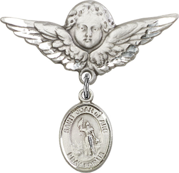 Sterling Silver Baby Badge with St. Joan of Arc Charm and Angel w/Wings Badge Pin