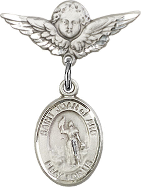 Sterling Silver Baby Badge with St. Joan of Arc Charm and Angel w/Wings Badge Pin