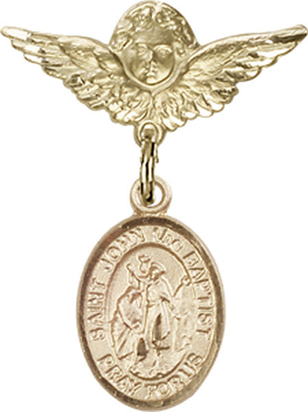 14kt Gold Filled Baby Badge with St. John the Baptist Charm and Angel w/Wings Badge Pin