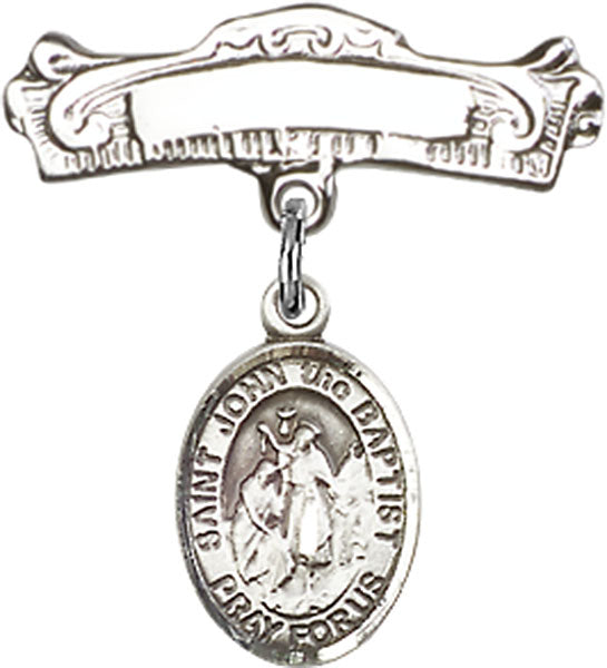 Sterling Silver Baby Badge with St. John the Baptist Charm and Arched Polished Badge Pin