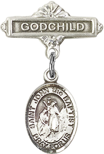 Sterling Silver Baby Badge with St. John the Baptist Charm and Godchild Badge Pin