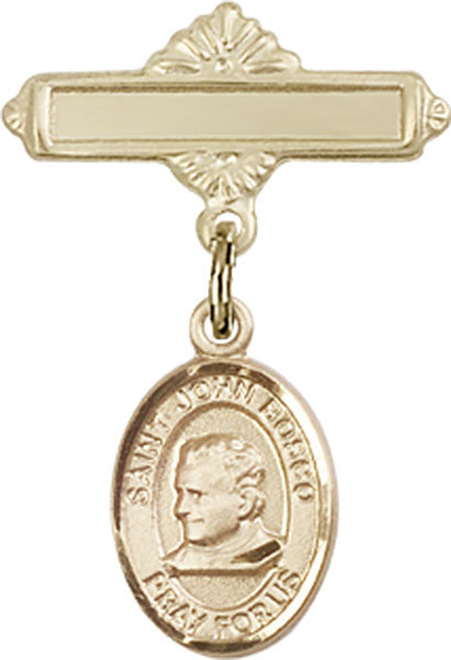 14kt Gold Baby Badge with St. John Bosco Charm and Polished Badge Pin