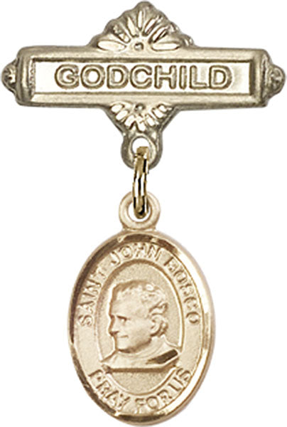 14kt Gold Baby Badge with St. John Bosco Charm and Godchild Badge Pin