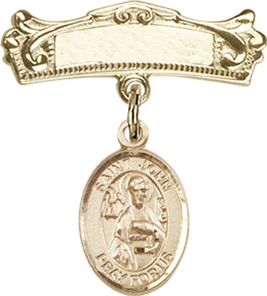 14kt Gold Baby Badge with St. John the Apostle Charm and Arched Polished Badge Pin