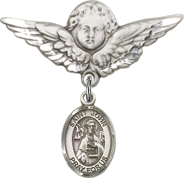 Sterling Silver Baby Badge with St. John the Apostle Charm and Angel w/Wings Badge Pin