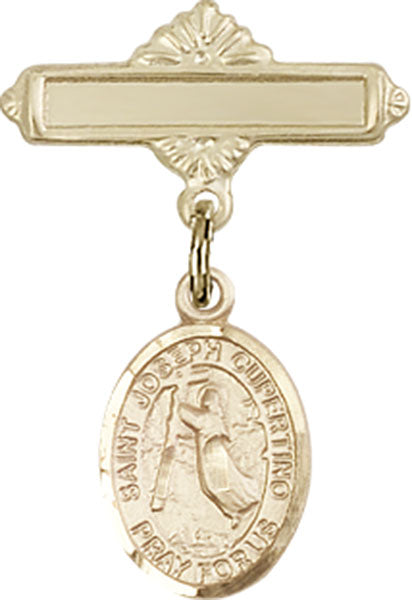 14kt Gold Filled Baby Badge with St. Joseph of Cupertino Charm and Polished Badge Pin