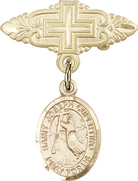 14kt Gold Filled Baby Badge with St. Joseph of Cupertino Charm and Badge Pin with Cross