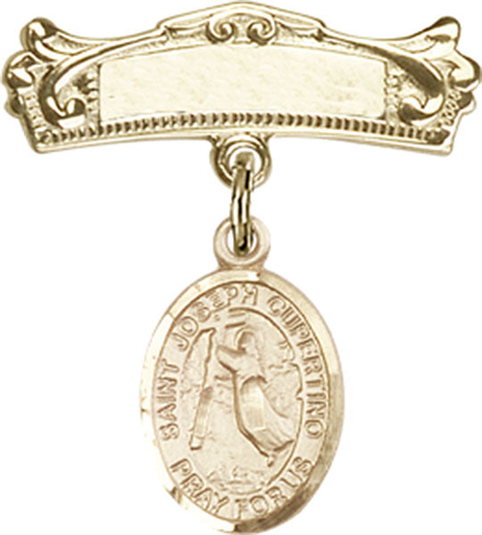 14kt Gold Filled Baby Badge with St. Joseph of Cupertino Charm and Arched Polished Badge Pin