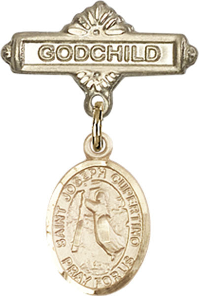 14kt Gold Filled Baby Badge with St. Joseph of Cupertino Charm and Godchild Badge Pin