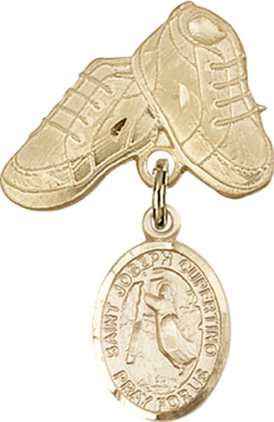 14kt Gold Filled Baby Badge with St. Joseph of Cupertino Charm and Baby Boots Pin