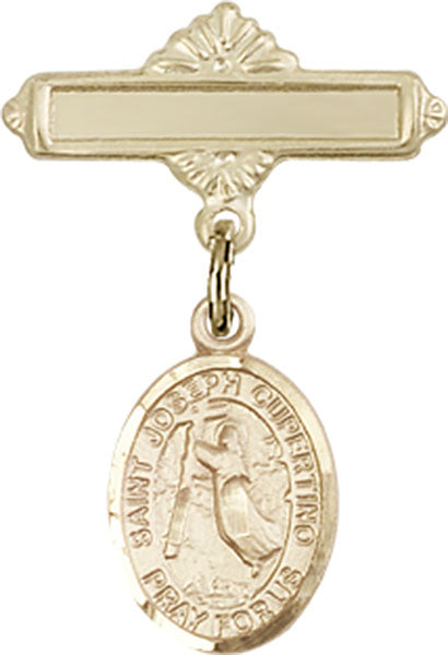 14kt Gold Baby Badge with St. Joseph of Cupertino Charm and Polished Badge Pin